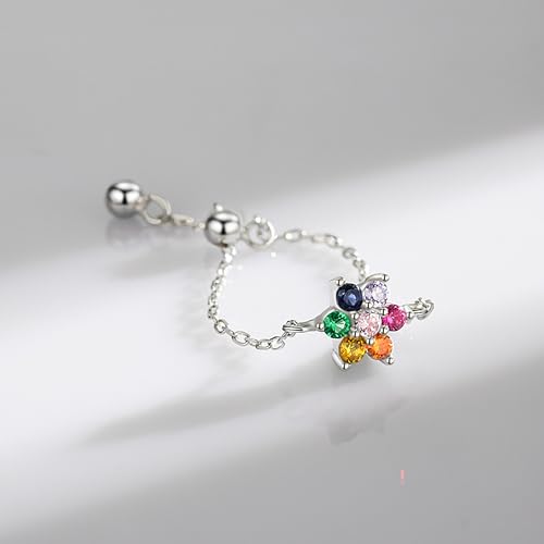 925 Sterling Silver Adjustable Link Chain Rings for Women Daughter | Dainty 14k Gold Plated Evil Eye/Cross/Flower Ring Sparkly Twist Rope with Bead Dangle Stackable Ring Jewelry Birthday Gifts - color: Style 6-Rainbow