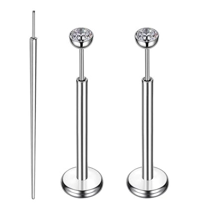 Gotumo 16G 18G 20G Flat Back Earrings Stud Titanium Threadless Nose Rings Tragus Labret Cartilage Lip Medusa Conch Body Piercing Jewelry Hypoallergenic for Women Men - color: Silver, size: 16G Bar Lengths 10mm & CZ 2mm