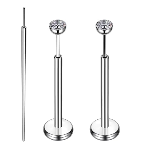 Gotumo 16G 18G 20G Flat Back Earrings Stud Titanium Threadless Nose Rings Tragus Labret Cartilage Lip Medusa Conch Body Piercing Jewelry Hypoallergenic for Women Men - color: Silver, size: 16G Bar Lengths 10mm & CZ 2mm