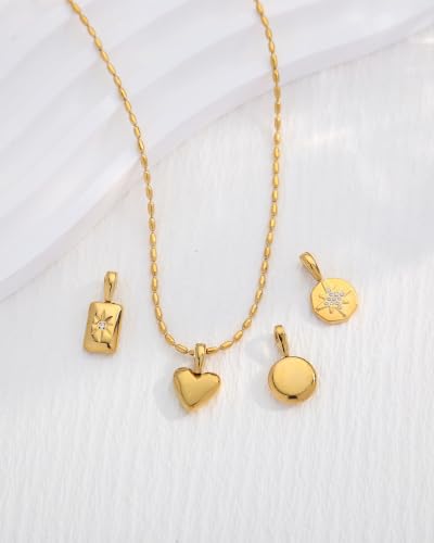 Interchangeable Removable CZ Charms Necklace, Gold Silver Stainless Steel Adjustable Box and Rice Bead Chain Minimalist Custom DIY Pendant Jewelry Gifts - color: Gold-B
