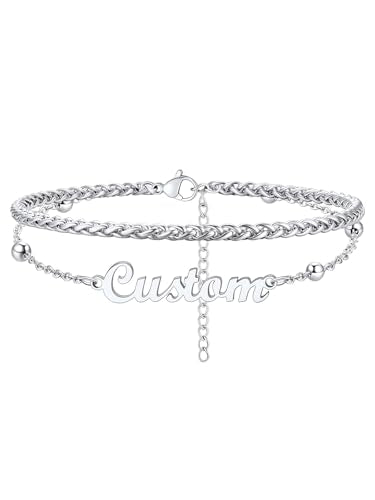 Custom4U Custom Name Anklet Bracelets for Women Waterproof Beaded/Figaro/Cuban/Rope/Wheat Chain Anklet Stackable Gold Plated Non Tarnish Custom Beach Gift Barefoot Summer Jewelry for Her - color: D02-Silver Wheat Chain