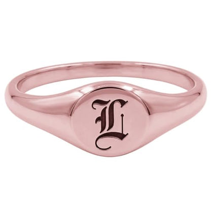 Custom Initial Signet Ring Dainty Engraved Old English Letter Jewelry Personalized Pinky Statement Ring for Women - color: Rose Gold