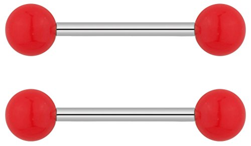 Forbidden Body Jewelry 14g 16mm (5/8 Inch) Hypoallergenic Titanium Double Ball Nipple & Tongue Ring Barbells - style: Red