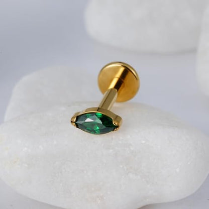 1PC Tragus Conch Helix Flat Labret Piercing Jewelry 16G 6mm 8mm - ASTM F136 Titanium Cartilage Earring Flatback Stud, Implant Grade Internally Threaded Hypoallergenic Body Jewelry (Clear CZ) - color: Green Marquise CZ - Gold