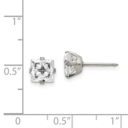 Stainless Steel 7mm Faceted Square Cubic Zirconia Piercing Earrings | Length- 0.28 in Width-0.28 in