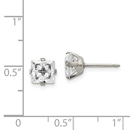 Stainless Steel 7mm Faceted Square Cubic Zirconia Piercing Earrings | Length- 0.28 in Width-0.28 in