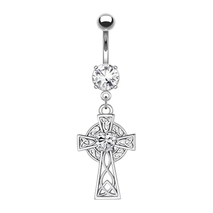 VERAMI 14G 316L Celtic Cross Belly Button Ring Surgical Steel Paved Gems Dangling Belly Button Ring Body Piercing Jewelry - color: Silver：C-4