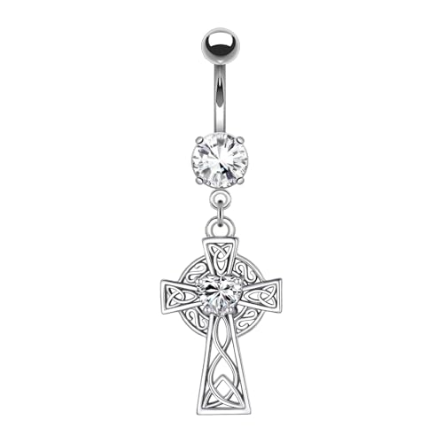 VERAMI 14G 316L Celtic Cross Belly Button Ring Surgical Steel Paved Gems Dangling Belly Button Ring Body Piercing Jewelry - color: Silver：C-4