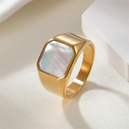 PAURO Men's Stainless Steel Minimalist Square Shell Stone Crystal Signet Ring Plated Glossy Wedding Band - color: Gold