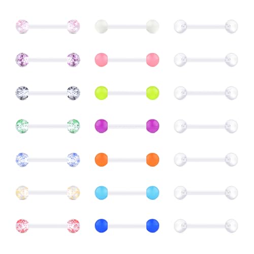 VCMART 14G Plastic Tongue Rings Plastic Nipple Rings for Surgery Clear Tongue Ring Nipple Piercings Glow in Dark Flexible Acrylic Straight Barbell Piercing Retainer for Work Sports 12/14/16/18MM - color: B2 -14mm