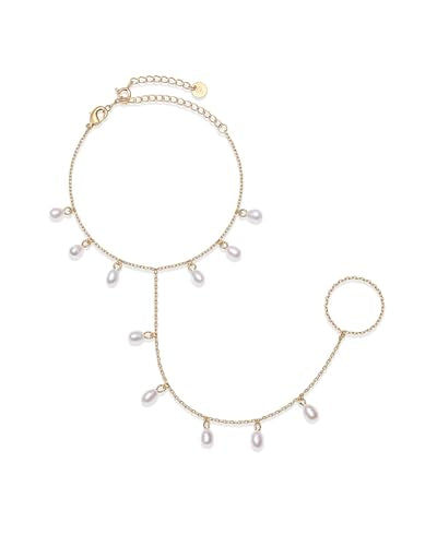 PAVOI Hand Chain Bracelet for Women, 14K Gold Plated Adjustable Ring Chain | Hand Chain Bracelet, Ring Bracelet Hand Chain, Arm & Body Jewelry - style: Pearl Station