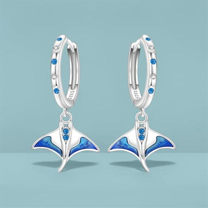 925 Sterling Silver Hoop Earrings Drop Dangle Earrings for Women Hypoallergenic Earring Trendy Huggie Earring Cute Graduation Birthday Gifts Jewelry for Women - color: Blue Manta Ray earrings