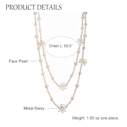Simulated Pearl Strand Layered Necklace for Women, Multi Strand Long Necklace, Dainty Sweater Necklace for Party Costume Jewelry - style: Daisy