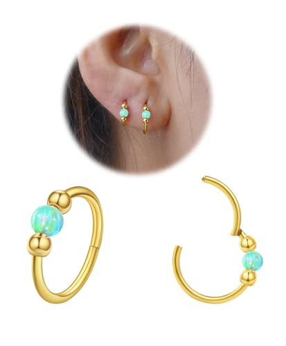 2 Pcs Small Cartilage Hoop Earrings for Women Men, 18G Opal Silver Earrings Hypoallergenic 316L Surgical Steel Hinge Huggie Hoop Earrings for Helix,Tragus,Conch,Rook,Earlobe Piercing Jewelry Nose Ring - style: 2Pcs 10mm Green Opal/Gold
