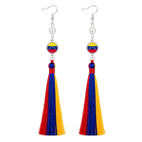 Handmade 925 Silver Plated Long Tassel Earring,Premium Flag Heritage Jewelry, Pride Patriotic Festival Gift For Women Party - color: Venezuela Flag Style