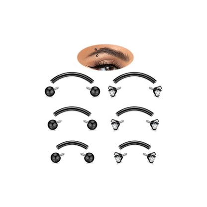 6PCS 16G G23 Titanium Eyebrow Piercing Jewelry for Women Curved Barbell Tiny Eyebrow Ring Vertical Labret Belly Lip Tongue Ring Internally Threaded Rook Tragus Daith Earring 6/8/10mm - color: Black B