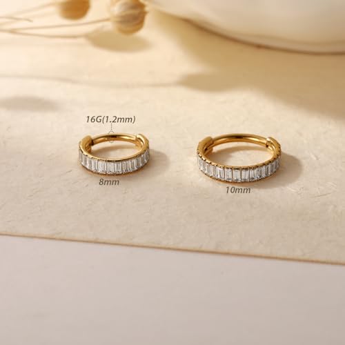 FUNLMO 316L Surgical Steel Hinged Segment Ring Conch Helix Septum Piercing Jewelry Nose Ring Hoop Cartilage Huggie Earring Baguette Gems Thick Hoop Earring - color: Gold