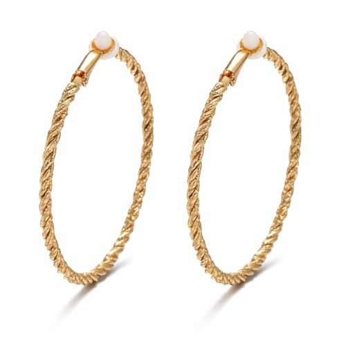Symvikio Large Clip On Hoop Earrings for Women,14K Gold Big Circle Clip Hoops Chunky Earring Clips for Non Pierced Ears Lightweight Jewelry Gifts 50mm - color: Gold