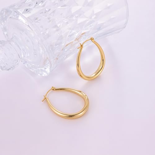 Gacimy Chunky Hoop Earrings for Women, 14K Gold Plated Oval Hoop Earrings with 925 Sterling Silver Post - color: Gold, size: 30mm