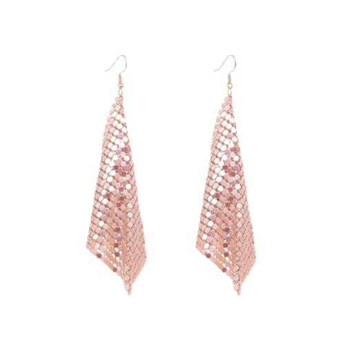 Mesh Sequin Tassel Long Drop Earrings for Women, Lightweight Metal Grid Fringe Dangle Earrings, Colorful Sparkly Alloy Wedding Bridal Party Jewelry (1 pair) - color: Rose Gold
