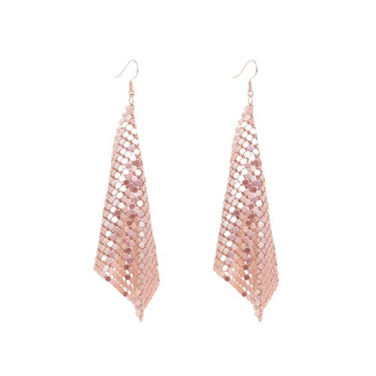Mesh Sequin Tassel Long Drop Earrings for Women, Lightweight Metal Grid Fringe Dangle Earrings, Colorful Sparkly Alloy Wedding Bridal Party Jewelry (1 pair) - color: Rose Gold
