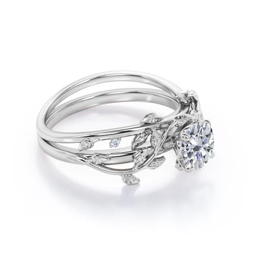 Center 1 CT Round Cut Floral Moissanite Wedding Rings Sets for Women Leaf and Vine Art Deco Engagement Ring Sets in S925 Sterling Silver 10K 14K 18K Gold with Text Engraving - color: Style B