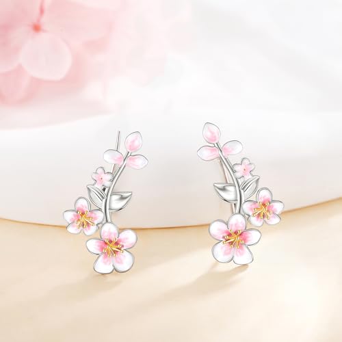 Ear Climbers Earrings for Women Sterling Silver Vintage Ear Crawler Earrings Jewelry Gifts for Women - style: Cherry Blossom