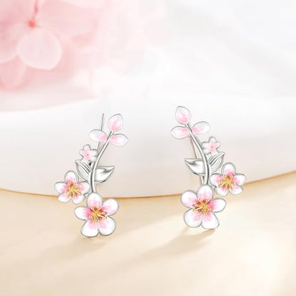 Ear Climbers Earrings for Women Sterling Silver Vintage Ear Crawler Earrings Jewelry Gifts for Women - style: Cherry Blossom
