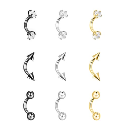 9PCS Gold Eyebrow Piercing Jewelry Titanium, Rook Jewelry Gold Surgical Steel Silver Eyebrow Rings for Women Men CZ Tiny Labret Lip Daith Navel Belly Button Helix Tragus Piercing Jewelry 16G 6mm/8mm/10mm - style: Eyebrow-6mm-9pcs