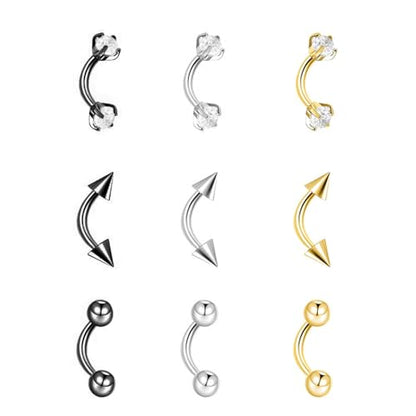 9PCS Gold Eyebrow Piercing Jewelry Titanium, Rook Jewelry Gold Surgical Steel Silver Eyebrow Rings for Women Men CZ Tiny Labret Lip Daith Navel Belly Button Helix Tragus Piercing Jewelry 16G 6mm/8mm/10mm - style: Eyebrow-6mm-9pcs