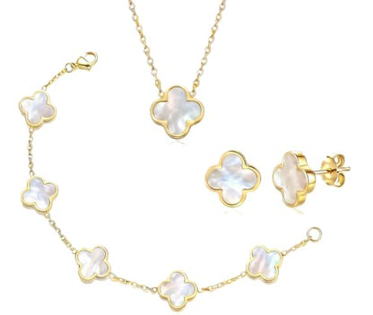 Clover Necklace and Bracelet Set + Four Leaf Clover Earrings, 18K Gold Plated Dainty Jewelry Gift for Women (Pearl White/Ocean Blue/Sweet Lilac) - color: Pearl White