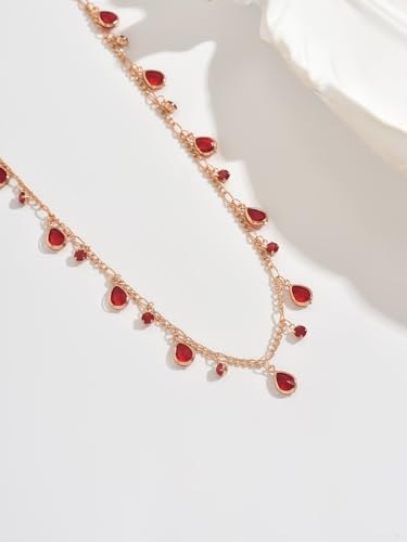 Bohemian Red Rhinestone Choker Necklace for Women, Gold Tone Teardrop Tassel Dangle Collar Chain, Elegant Ruby Red Crystal Fringe Necklace Jewelry for Party Prom Wedding