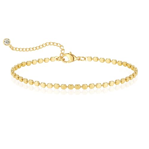 14K Gold Plated Handmade Dainty Dot Bracelet Cute Thin Everyday Bracelets for Women Men Size 6.5"+2" Extender - color: Bead:Gold