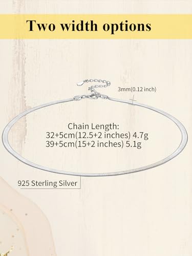 ChainsHouse Flat Snake Chain Herringbone Choker Necklace for Women, Stainless Steel/Rose Gold/18K Gold Plated Dainty Adjustable Simple Short Layered Necklaces, 12"/15"/18" with 3.5" Extender - color: b. sterling silver-3mm