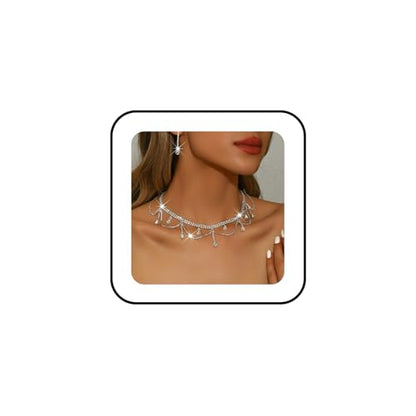 Rhinestones Necklace Earrings Set for Women Water Droplet Necklace Earrings Set Double Layer Gemstone Choker and Drop Earrings Cubic Zirconia Bridal Earrings Necklace Set Crystal Wedding Jewelry Sets - color: silver