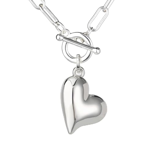 14K Gold Plated Two Sides Carved Stone Heart Shape Necklace for Women Love Pendant Necklace Jewelry for Daily and Gifts - color: Silver Heart