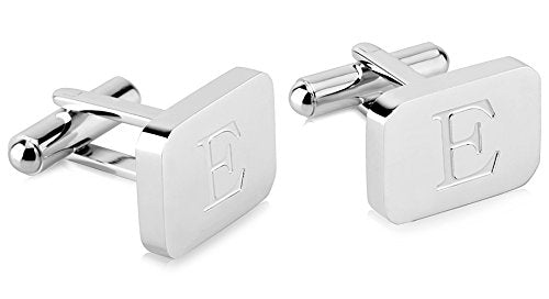 18K White-Gold Plated Initial Engraved Stainless Steel Men’s Cufflinks With Gift Box -Personalized Alphabet Letter’s A-Z By Lux & Pair - style: E- White Gold