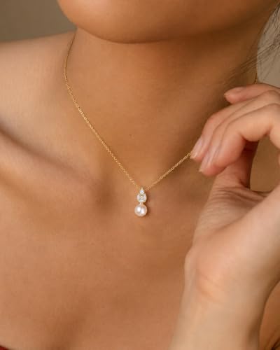 Pearl Necklace for Women- 14K Gold-plated/White Gold-plated Dainty Pearl Necklace for Women - color: Gold CZ pearl 371