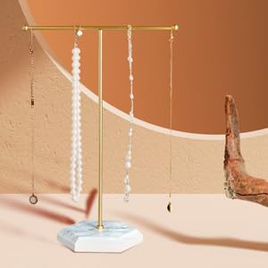 QWORK Jewelry Stand Display Necklace Holder with Electroplated Metal & White Marble Plywood Base - 2 Pack Durable & Stylish Organizer for Stores and Home Use