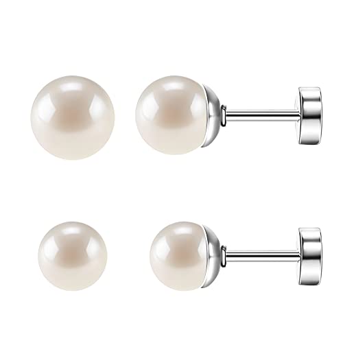 SmileBelle 2 Pairs Pearl Stud Earrings for Women, Flat Back Earring | 20 Gauge Titanium Screw Back Earrings for Nap Sleep, Cartilage Stud Earrings for Girls Helix Piercing Jewelry - size: 4mm+6mm, style: Silver Pearl