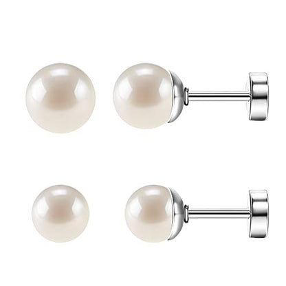SmileBelle 2 Pairs Pearl Stud Earrings for Women, Flat Back Earring | 20 Gauge Titanium Screw Back Earrings for Nap Sleep, Cartilage Stud Earrings for Girls Helix Piercing Jewelry - size: 4mm+6mm, style: Silver Pearl