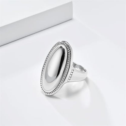 HIJONES Women's Stainless Steel Oval Checker Groove Rugby Ball Groove Dome Signet Ring Wedding Jewellery - color: Silver
