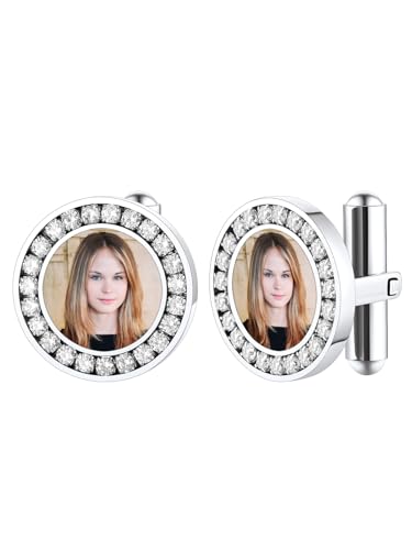 FindChic Stainless Steel Round Cufflinks with Custom Text/Picture/Monogram Letters 18K Gold Plated/Black Color for Men Groom Suits Shirts, with Gift Box - style: 02. CZ custom photo-round (stainless steel)