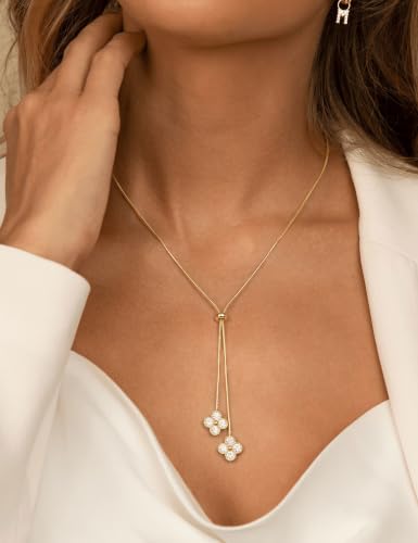 Lariat Gold Silver Necklace for Women Long Dainty Y Necklace 14k Gold Plated Drop Chunky Necklace Trendy Clover Heart Cross Teardrop Cz Pendant Statement Simple Adjustable Jewelry Gift - color: Gold- Clover