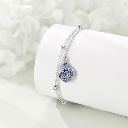 POPLYKE 925 Sterling Silver Double Layered Chain Evil Eye Daisy Sunflower Butterfly Anklets for Women Holiday Beach Crystal Ankle Bracelet Dainty Evil Eye Jewelry - style: Abalone Lotus Anklet