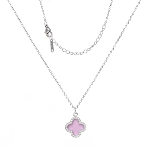 Clover Necklace For Women 18k Gold Plated Silver Lucky Four Leaf Clover Pendent Necklaces Trendy Dainty Jewelry Gifts for Women - color: Silver-Pink