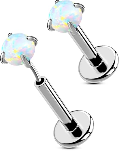 OUFER 2PCS 16G/20G Nose Lip Studs, G23 Solid Titanium Threadless Push in Nose Nostril Lip Labret Medusa Monroe Helix Cartilage Tragus Conch Lobe Piercing Jewelry for Women Men - color: Silver bar, Claw Opal, size: 2pcs, 16g 6mm, 3mm Opal