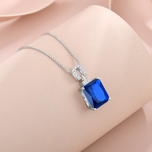 Emerald Cut Birthstone Necklace for Women 925 Sterling Silver | Baguette Birthstone Pendant Necklace, Jewelry for Mom Wife - color: Royal Blue