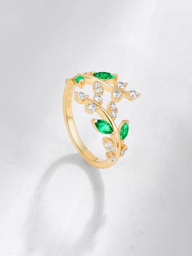 Silver Leaf Ring for Women 925 Sterling Silver Yellow Gold Plated CZ Inlaid Marquise Sapphire/Ruby/Emerald Cocktail Rings Size 6 to 10 - color: Emerald - Gold