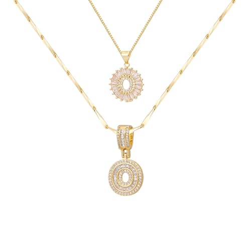 2PCS Initial Necklaces for Women, 14K Gold Plated Letter Pendant Set | Trendy Layered Bling Style, Meaningful Letter & Round CZ Pendant Design - color: Gold, style: Letter O